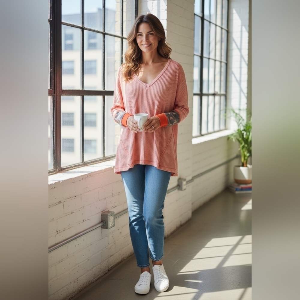 We The Free Coral Knit Top w/ Decorative Sleeves